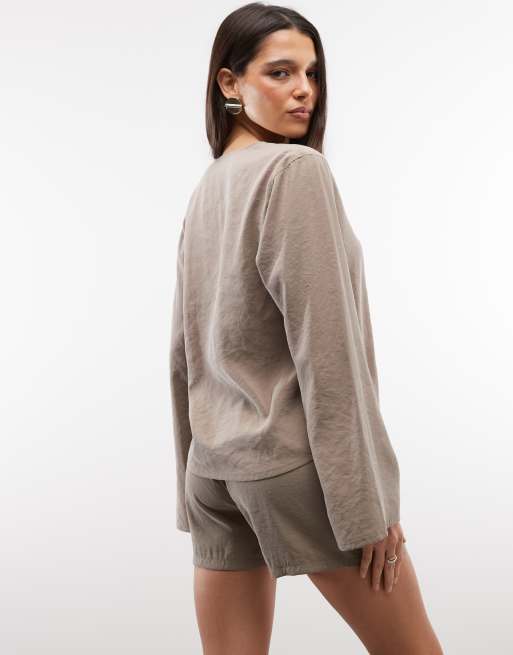 Belier soft touch tie front long sleeve shirt set in taupe, 4 of 4
