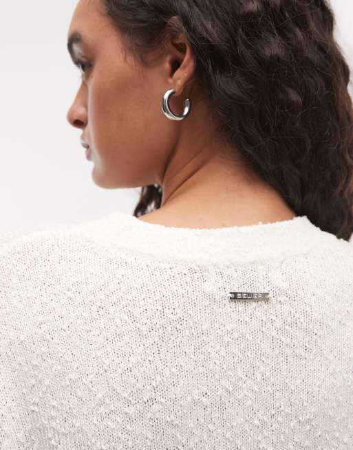 Belier stickad boxig crop top med långa ärmar, set i offwhite, 4 av 4