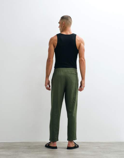 Belier straight leg pull-on linen mix trousers co-ord in olive, 4 of 5