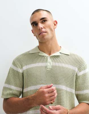 Belier Striped Crochet Knit Polo Shirt In Green
