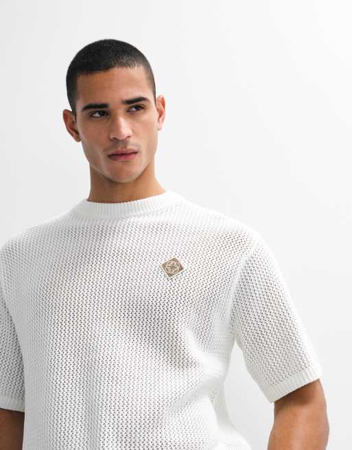 Belier - T-shirt girocollo bianca con toppa con logo all'uncinetto, 5 di 7