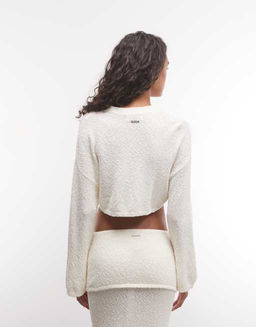 Belier top court coordonné en maille, coupe carrée, à manches longues, blanc cassé, 3 de 4