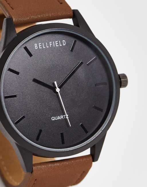 Bellfield - Armbåndsur med sort skive og smal gyldenbrun rem