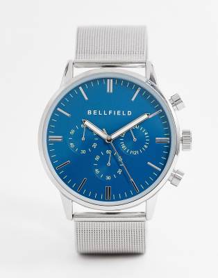 Bellfield – Armbanduhr aus Edelstahl in Silber-Optik mit Netzstoffarmband und blauem Zifferblatt