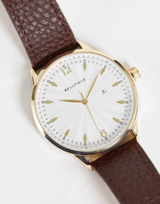 Bellfield – Armbanduhr mit genarbtem Lederband in Braun ASOS