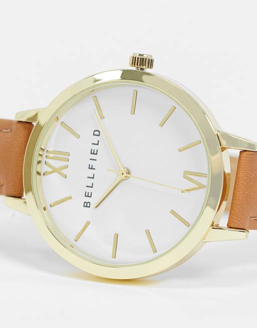 Bellfield brown strap watch with white dial