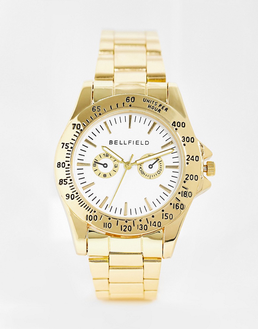 bellfield chunky bracelet watch in gold with white dial