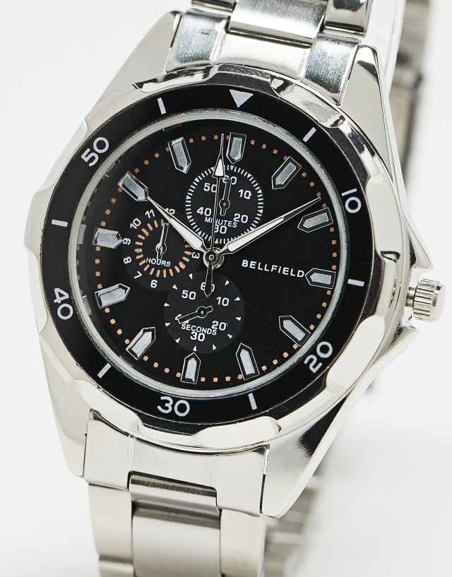 Bellfield chunky bracelet watch in silver with black dial