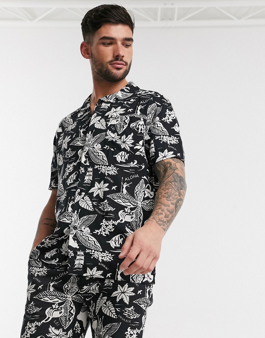Bellfield - Combi-set - Overhemd met korte mouwen en Hawaiiaanse print-Zwart