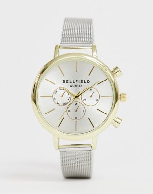 Bellfield – Damen-Chronographenuhr mit goldenem Gehäuse und silbernem Netzarmband