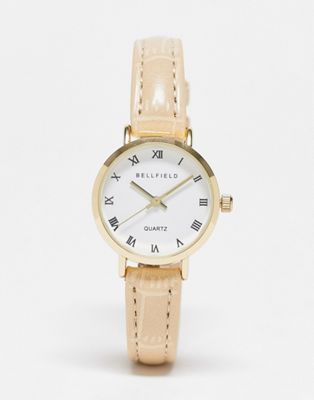 Bellfield faux leather strap watch in cream