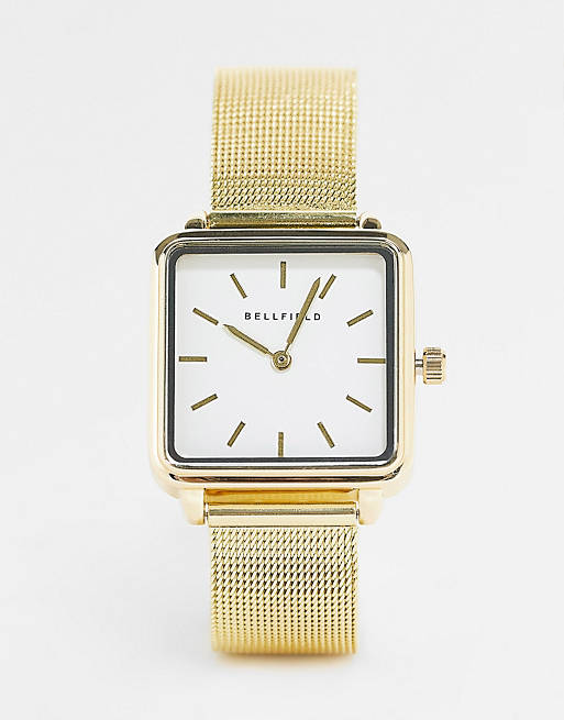 Bellfield - Guldfarvet armbåndsur med mesh-rem og firkantet urskive i rustfrit stål