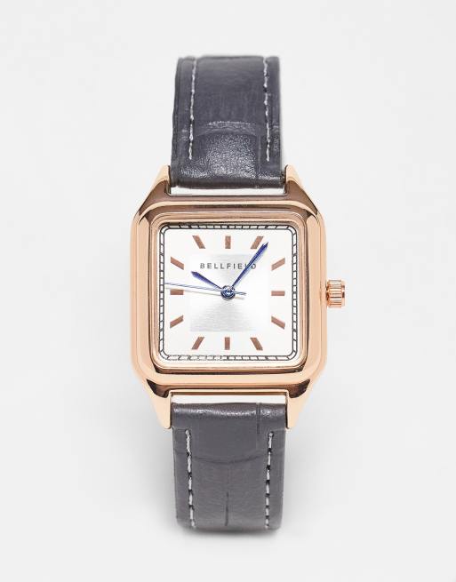 Bellfield - Horloge met bandje met krokodillenmotief en vierkante wijzerplaat in zwart