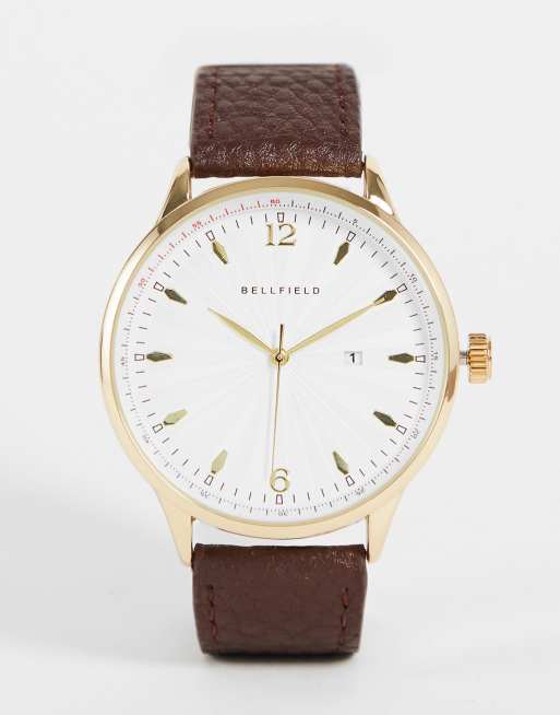 Bellfield - Horloge met bandje van leer met korrelige textuur in bruin