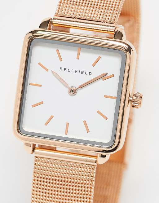 Bellfield - Horloge met bandje van roestvrijstalen mesh en met vierkante wijzerplaat in rosé goud