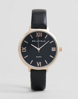 Bellfield - Horloge met een zwart bandje en rosegouden wijzerplaat