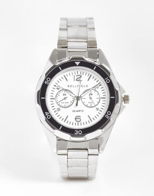 Bellfield - Horloge met grove schakelarmband in zilver met witte wijzerplaat