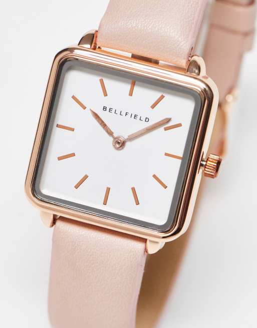 Bellfield - Horloge met minimalistisch bandje en vierkante wijzerplaat in rosé goud met crème