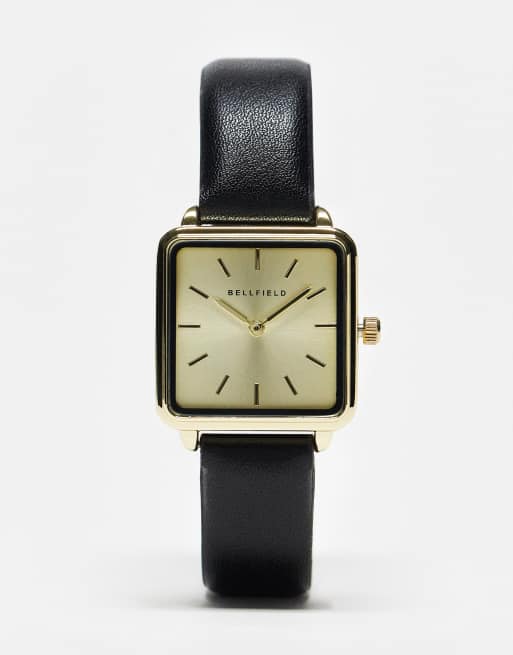 Bellfield - Horloge met minimalistisch bandje en vierkante wijzerplaat in zwart en goud