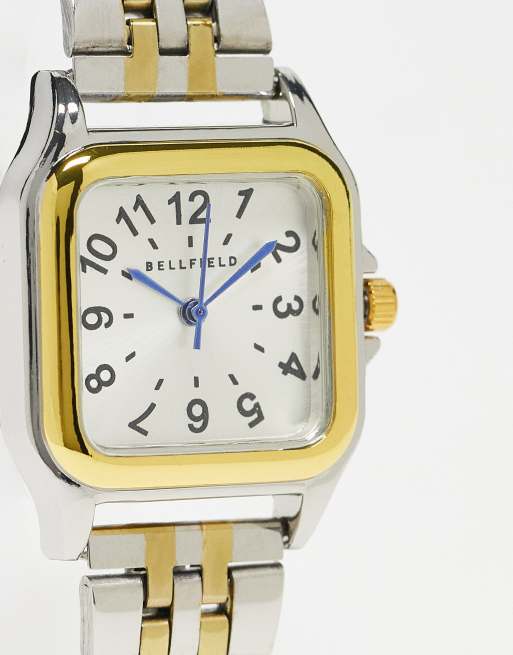 Bellfield - Horloge met smalle schakelband en vierkante wijzerplaat in zilver en goud