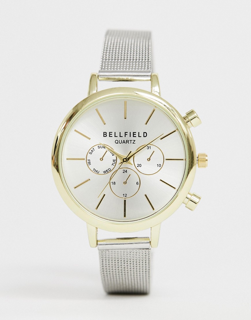 Bellfield – Kronografisk damklocka med silvrigt mesharmband och guldfärgad boett-Silver