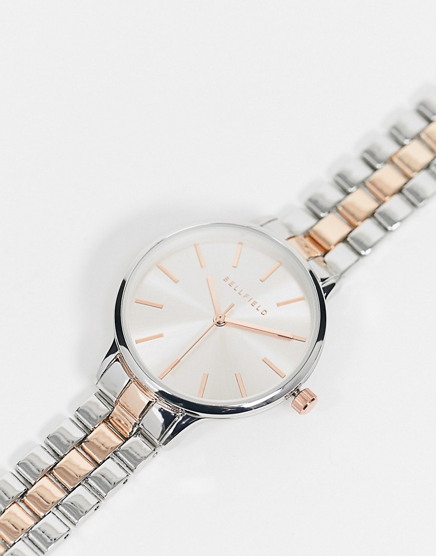Bellfield link bracelet watch in two tone silver and gold