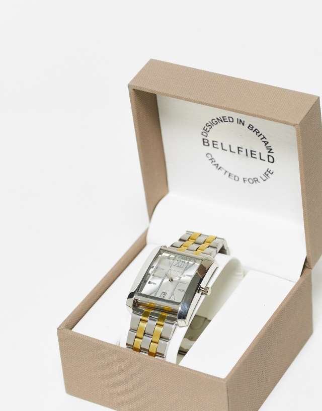 Bellfield link strap watch with square dial in silver and gold