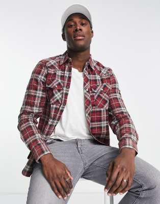 Bellfield long sleeve check shirt in burgundy ecru