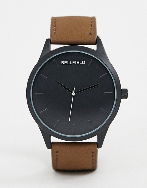 Bellfield mens black dial watch with tan strap