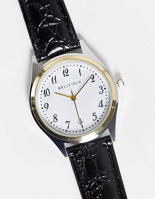Bellfield mens watch with black leather strap and white dial