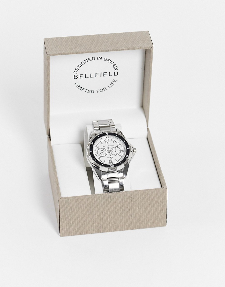 Bellfield mens silver tone bracelet watch with white dial