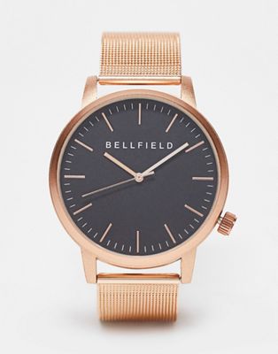 Bellfield mesh strap watch in rose gold with black dial
