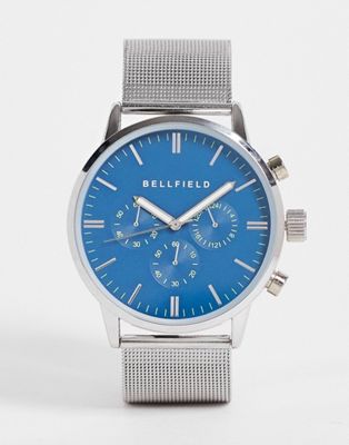 Bellfield mesh strap watch in silver with chrome blue dial