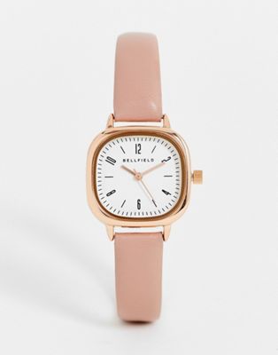 Bellfield minimal leather watch with square face in blush