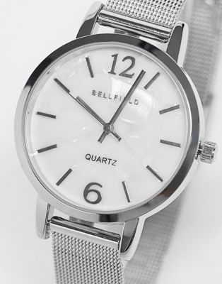 Bellfield minimal mesh strap watch in silver