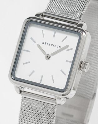 Bellfield minimal mesh strap watch with sqaure dial in silver