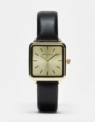 Bellfield minimal strap watch with square dial in black and gold