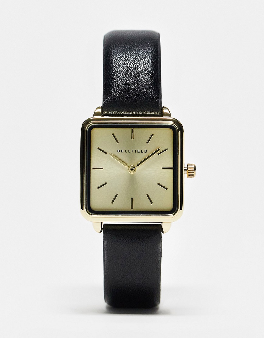 bellfield minimal strap watch with square dial in black and gold