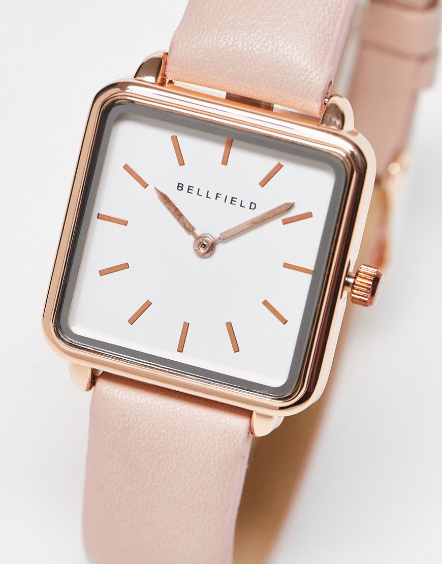 bellfield minimal strap watch with square dial in rose gold and cream