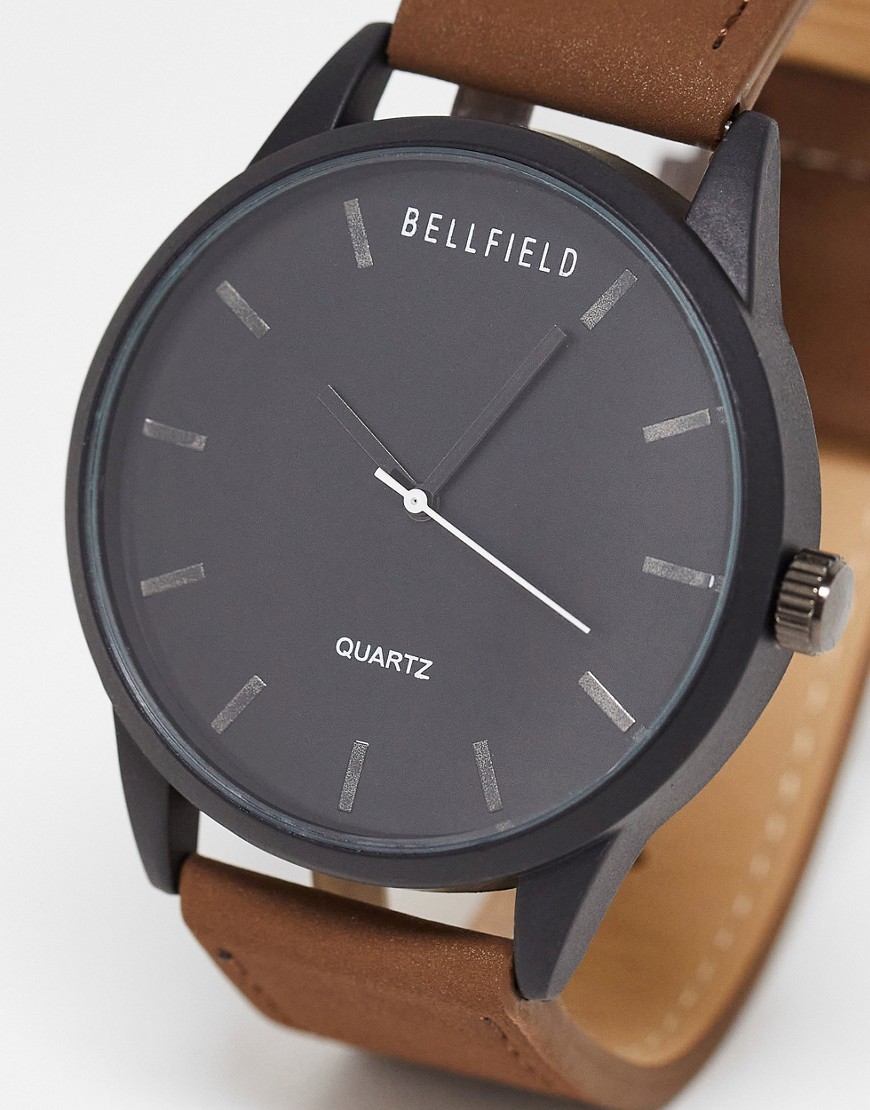 Bellfield minimal watch in tan with black dial