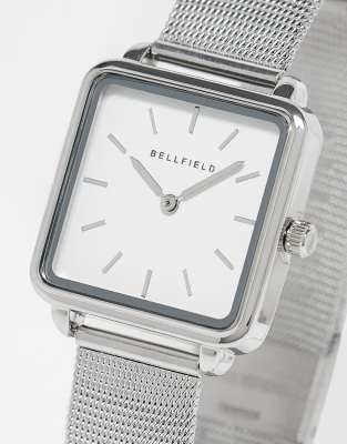 Bellfield - Minimalistische, silberfarbene Uhr mit Mesh-Armband und eckigem Zifferblatt