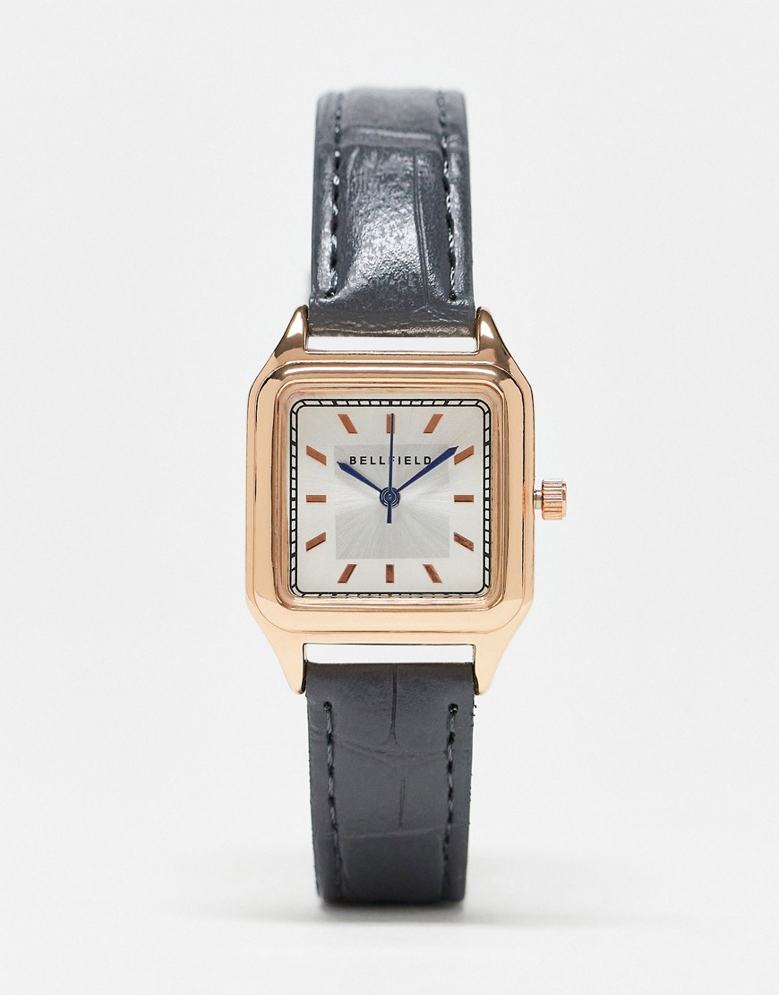 Bellfield mock croc strap watch with square dial in black and gold
