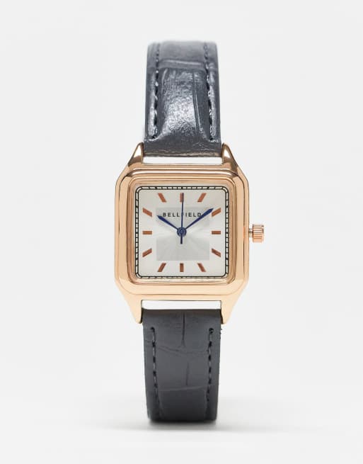 Bellfield mock croc strap watch with square dial in black and gold