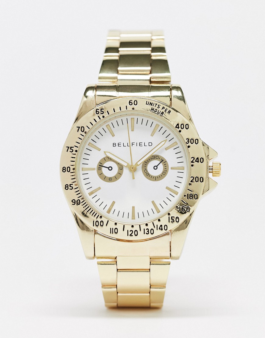 bellfield - orologio con bracciale a maglie spesse color oro con quadrante bianco-multicolore