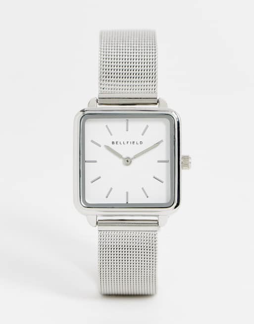 Bellfield - Orologio con cinturino a rete in acciaio inossidabile con quadrante quadrato, colore argento