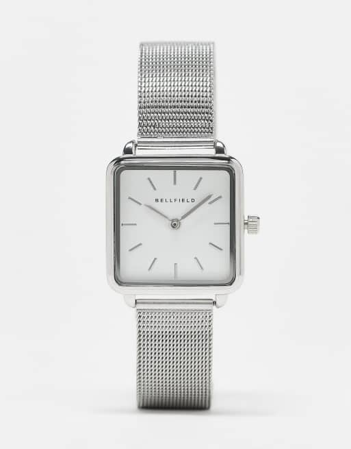 Bellfield - Orologio con cinturino a rete in acciaio inossidabile con quadrante quadrato, colore argento