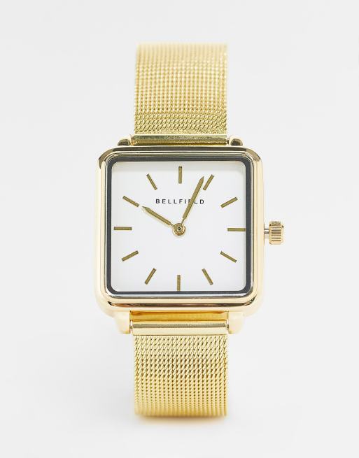 Bellfield - Orologio con cinturino a rete in acciaio inossidabile con quadrante quadrato, colore oro