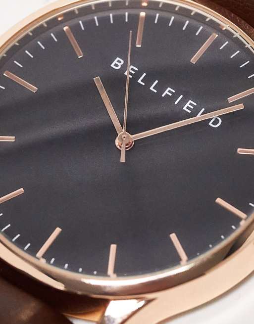Bellfield - Orologio con cinturino in pelle sintetica marrone e quadrante nero, 3 di 4