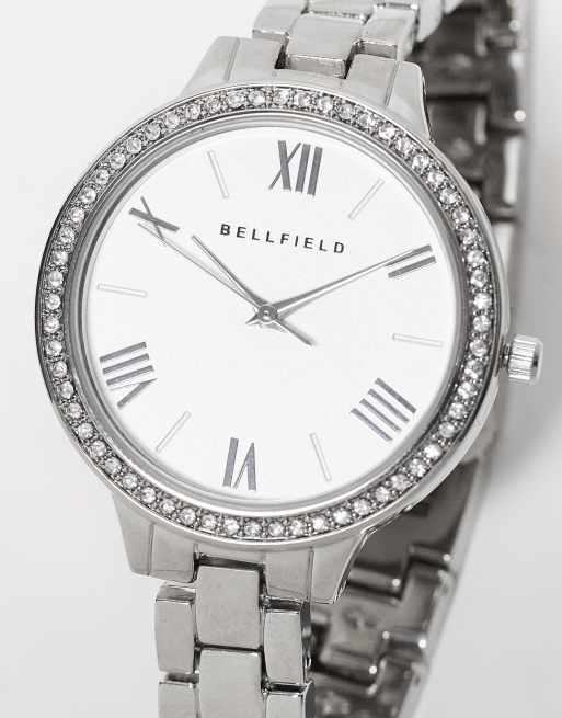Bellfield - Orologio con cinturino slim color argento con strass