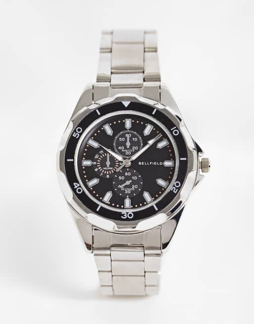 Bellfield - Orologio con cinturino spesso color argento e quadrante nero